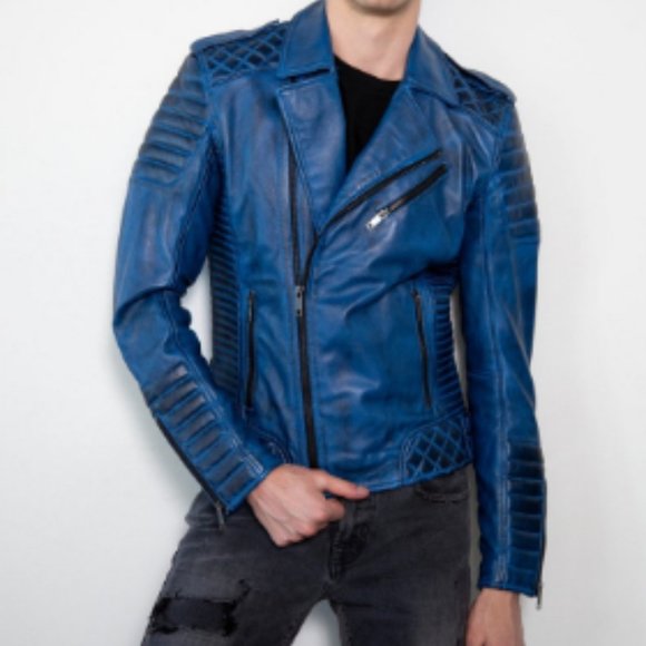 Men's quilted blue leather motorcycle jacket